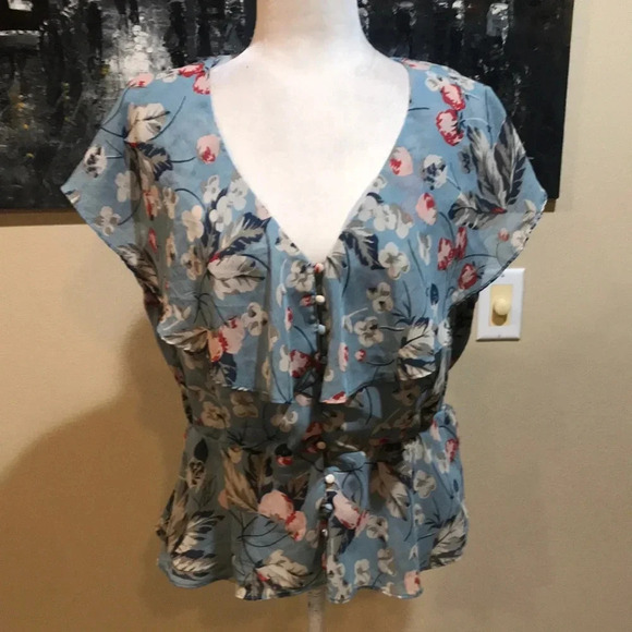 Lauren Ralph Lauren Black Label Floral Button Front Elastic Waist Ruffle Top-L - Picture 1 of 8